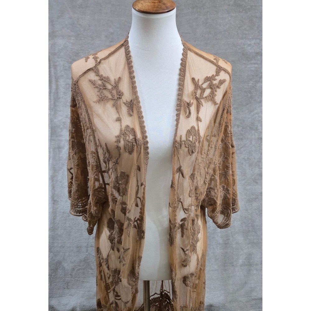 Sundance Embroidered Mesh Kimono Cardigan Womens Small Brown Boho Sheer Duster
